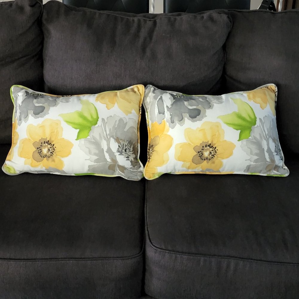 Set of 2 Gray & Yellow Flowered Pillows 17" x 12" by NEWPORT and made in the USA